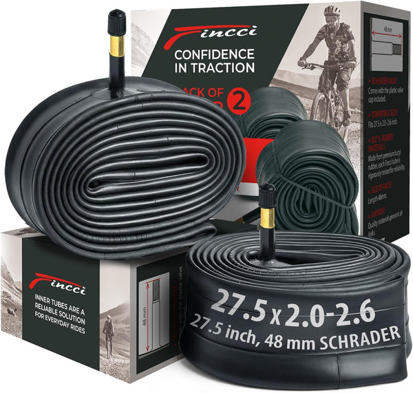 Fincci 27.5 x 2.0/2.1/2.2/2.3/2.35/2.4/2.5/2.6 Inch Bike Inner Tube – 48mm Schrader Valve – Butyl Rubber – Fits Mountain & Hybrid Bikes – Pack of 2