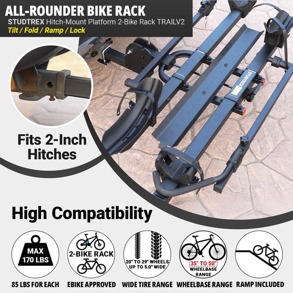 TrailV2 Plus Hitch 2 Ebike Rack with Ramp, Tilt, Fold, Anti-Theft Hitch & Wheel Locks, Heavy Duty 170 lbs Capacity, Fits 2" Receiver, Max 5" Fat Tires, Electric Bike Rack for Car, SUV, Truck, RV