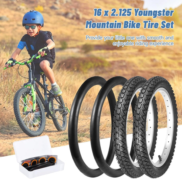 2 PCS 16x2.125 Bike Tire and Tube Set, 16 Inch Bike Tire with Knobby Tread, 57-305 Bicycle Tires, A/V Valve Tubes, Repair Kit for BMX, Mountain Bike, Sidewalk, Park Riding