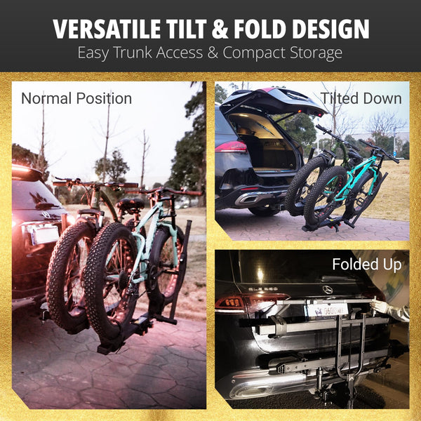 TrailV2 Plus Hitch 2 Ebike Rack with Ramp, Tilt, Fold, Anti-Theft Hitch & Wheel Locks, Heavy Duty 170 lbs Capacity, Fits 2" Receiver, Max 5" Fat Tires, Electric Bike Rack for Car, SUV, Truck, RV