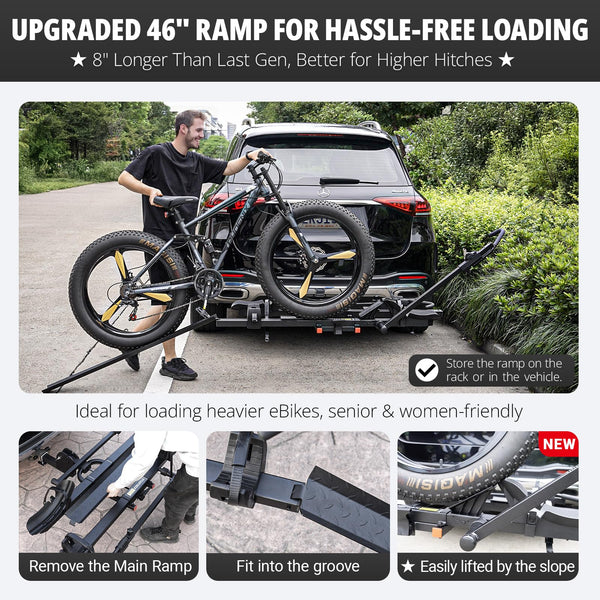 TrailV2 Plus Hitch 2 Ebike Rack with Ramp, Tilt, Fold, Anti-Theft Hitch & Wheel Locks, Heavy Duty 170 lbs Capacity, Fits 2" Receiver, Max 5" Fat Tires, Electric Bike Rack for Car, SUV, Truck, RV