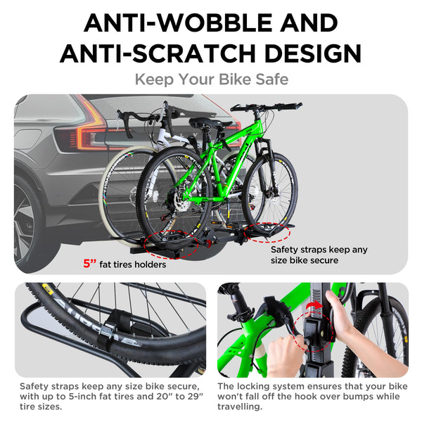 POLESTAR Hitch Mounted 2-Bike Rack, 200lbs Capacity Bike Rack Hitch with Lock, 2" Receiver Foldable Platform Mount for E-Bike, Up to 5" Fat Tire Bicycle and Standard, fit Car Trucks SUVs RVs Trailer