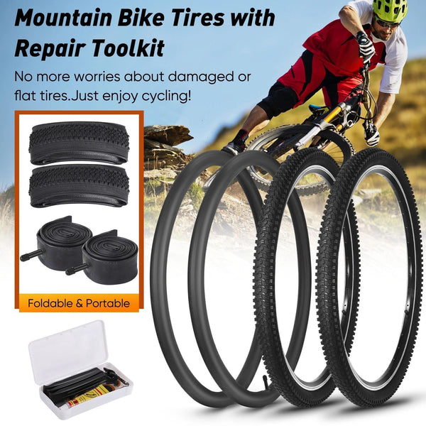 24/26x1.95” Bike Tire, 2 Pack 24/26x1.95 Folding Bicycle Tire and Tube, 24/26 Inch Mountain Bike Tires,Replaceable 26/24 Inch Bike Tires with Repair Tools for MTB,BMX