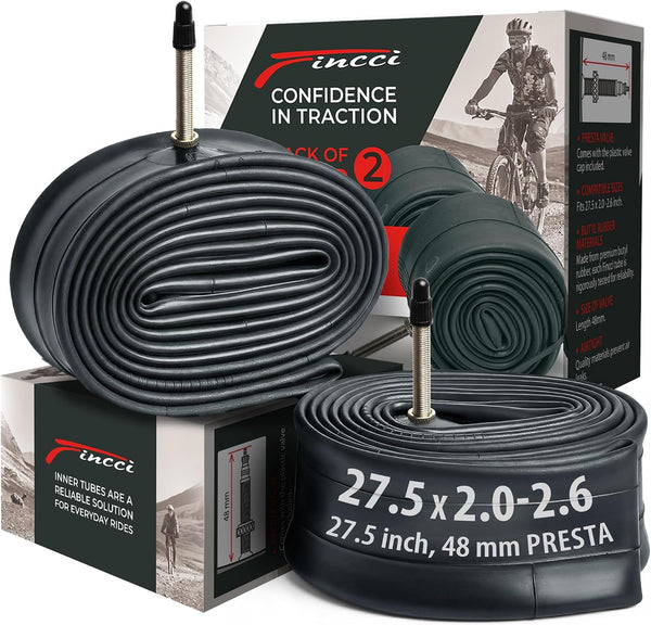 Fincci 27.5 x 2.0/2.1/2.2/2.3/2.35/2.4/2.5/2.6 Inch Bike Inner Tube – 48mm Presta Valve – Butyl Rubber – Fits Mountain & Hybrid Bikes – Pack of 2