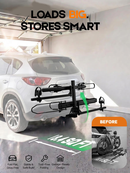 Bike Rack for Car Hitch Mount - Young Electric 2 Ebike Rack Heavy Duty Platform Carrier 200lb Capacity, Smart Tilting & One Hand Folding Bicycle Racks for SUV, Minivan, RV, Fits 5-Inch Fat Tires