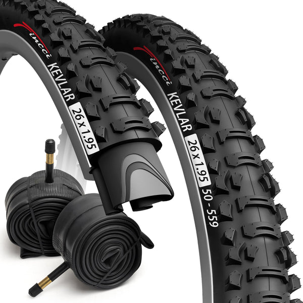 Fincci XC Knobby 26 inch Bike Tires with 2X 26 inch Bike Tube 50-559 - Pair 26x1.95 Bike Tire - Foldable Mountain Tires with Kevlar - 26" Wheelset for Electric, Folding, Enduro, Offroad, Hybrid Bikes