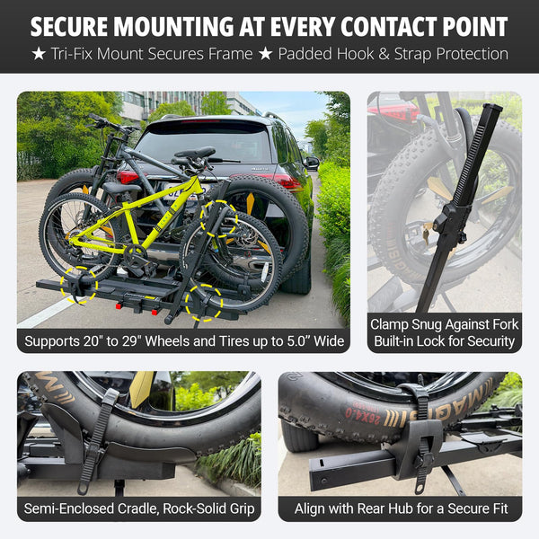 TrailV2 Plus Hitch 2 Ebike Rack with Ramp, Tilt, Fold, Anti-Theft Hitch & Wheel Locks, Heavy Duty 170 lbs Capacity, Fits 2" Receiver, Max 5" Fat Tires, Electric Bike Rack for Car, SUV, Truck, RV