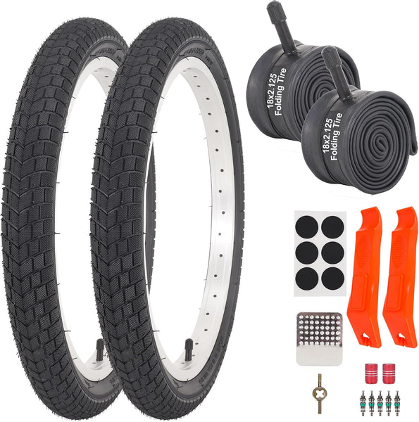 2 Sets 18x2.125 Bike Tire and Tube, 18 Inch Kids Bike Tire Straight Stem with Tyre Repair Kit Compatible with BMX Bike Joystar Balance Bike Road Bicycle Folding Bike