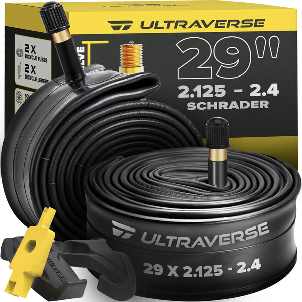 Ultraverse 29" Bike Inner Tubes 29 x 1.75, 1.95, 2.10, 2.125, 2.25, 2.30, 2.40 – Butyl Rubber Bicycle Tubes with Schrader Valve – Compatible with Mountain, Cruiser, City & Electric Bikes – Set of 2