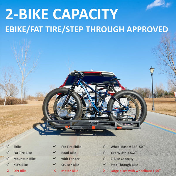 Bike Rack for Car Hitch 2-Bike - 300 lbs Capacity for 2 Ebike/Fat-Tire, Fits 2" Receiver for SUV/Truck/RV/Van, Platform Style
