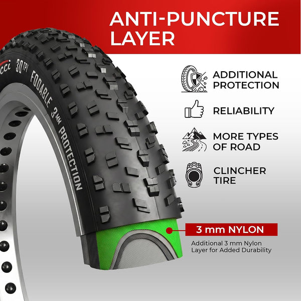 Fincci Pair 26x4.0 Fat Bike Tires - Foldable 26 inch Bike Tires with Nylon Antipuncture 3 mm 100-559, Fat Tire with Durable Tread Design for Mountain, Hybrid, Dirt, Street Tires for Ebike, 30 TPI