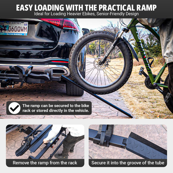 TrailV2 Plus Hitch 2 Ebike Rack with Ramp, Tilt, Fold, Anti-Theft Hitch & Wheel Locks, Heavy Duty 170 lbs Capacity, Fits 2" Receiver, Max 5" Fat Tires, Electric Bike Rack for Car, SUV, Truck, RV