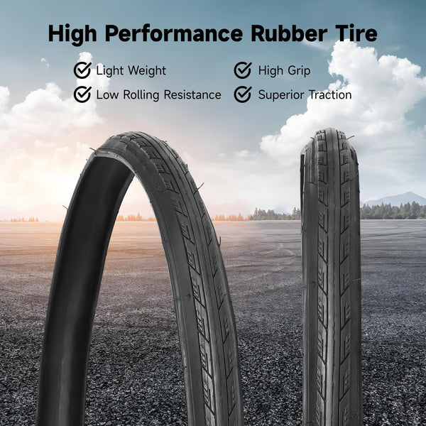 yeesport 700 x 25c Road Bike Tires, 2 Pack Folding 700x25c Tires & 700 x 25c-28c Bike Tubes Presta Valve 48mm Tire Replacement with Rim Strips for Urban Rural Asphalt Concrete Hard Roads