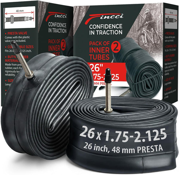 Fincci Pair 26 Inch Bike Tube with Presta Valve – Durable Bike Tire Tubes 26x1.75/1.95/2.0/2.1/2.125 – Value Pack, Reliable Air Retention and Eаsy to Instаll 2X Tubes for MTB, Road and Cruiser Bikes