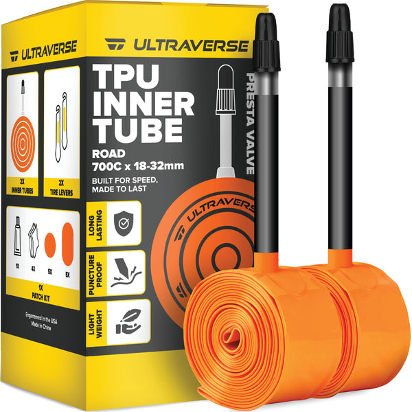 Ultraverse TPU Road Bike Inner Tube 700 x 18-32 with 45mm, 65mm, 85mm Presta Valves Ultra Lightweight Tubes for Road and Gravel Bicycles - 2 Pack with Repair Patch Kit