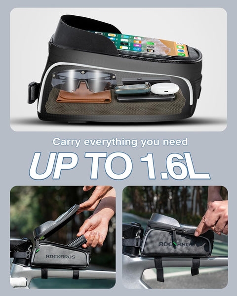 ROCKBROS Bike/Bicycle Phone Front Frame Bag, Waterproof, Tube Bag,Cycling Pouch, E-Bike Accessories for Men Compatible Phone Under 7” Straps Fit All Frames