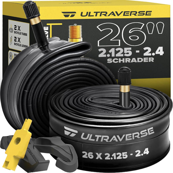 Ultraverse 26" Bike Inner Tubes 26 x 2.125-2.40 – Butyl Rubber Bicycle Tubes with Schrader Valve – Compatible with Mountain, Cruiser, City & Kids Bikes – Set of 2