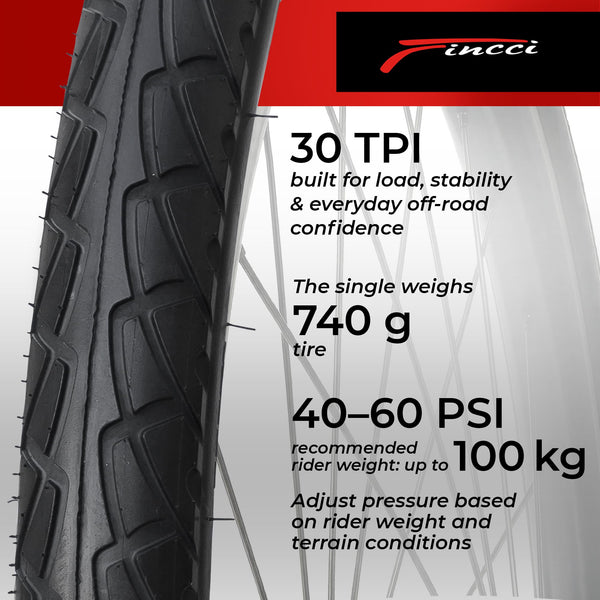 Fincci Pair 26x1.95 Bike Tire - Leno Semi-Slick City 26 inch Bike Tires - 50-559 Black Foldable Mountain Bike Tires for Electric, Road, MTB Bikes