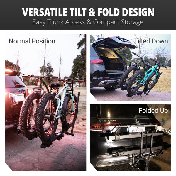 TrailV2 Plus Hitch 2 Ebike Rack with Ramp, Tilt, Fold, Anti-Theft Hitch & Wheel Locks, Heavy Duty 170 lbs Capacity, Fits 2" Receiver, Max 5" Fat Tires, Electric Bike Rack for Car, SUV, Truck, RV