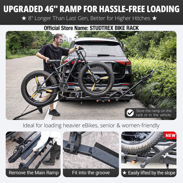 TrailV2 Plus Hitch 2 Ebike Rack with Ramp, Tilt, Fold, Anti-Theft Hitch & Wheel Locks, Heavy Duty 170 lbs Capacity, Fits 2" Receiver, Max 5" Fat Tires, Electric Bike Rack for Car, SUV, Truck, RV