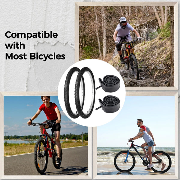 2 PCS 24x1.75 Bicycle Tire and Tube Set, 24 Inch Road Commuter Replacement, 44-507 ETRTO Rubber Tires with A/V Inner Tubes, Repair Kit, Smooth Tread