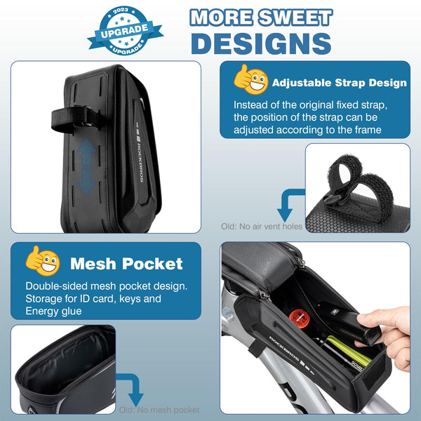 ROCKBROS Bike Phone Bag, [Oversized] EVA Waterproof Bike Top Tube Front Frame Bag Phone Holder Bicycle 1.7L Capacity Pouch Fits Phones With Case Under 7.2” E-Bike Accessories Straps Fit All Frames - TRIPPER ELECTRIC BIKES
