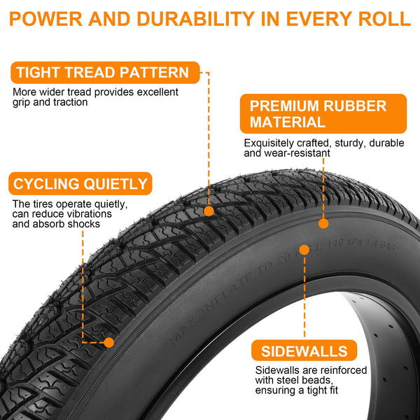 2-Pack 20x4.0 Fat Bike Tire, 20 Inch Mountain Bike Tires & Tubes Set, Folding Replacement Bicycle Tires with Tire Levers for Off-Road Bike, Ebike