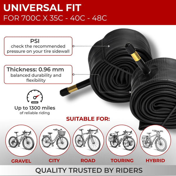 Fincci Pack Inner Tubes 700c x 35c - 40c - 48c with 48mm Presta-Schrader Valve - 700c Bike Tube for Gravel, Urban, Road,Touring, Hybrid, E Bikes - 28 inch Tubes Butyl Rubber for Wheels 622