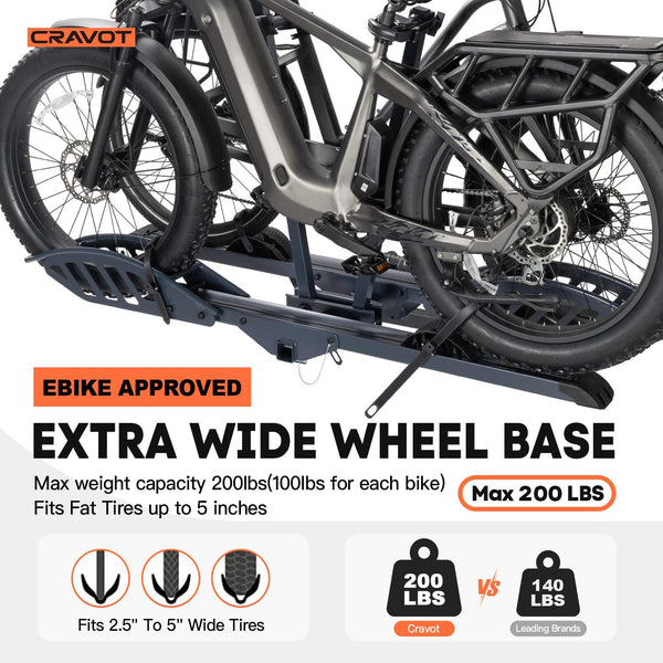 CRAVOT CyberRack EBike Rack for 2 Bike, 200 lbs Capacity Heavy Duty Electric Bike Carrier, 5-inch Fat Tire Bicycle for 2'' Receiver Cars Trucks SUVs Minivans RV, Trailer