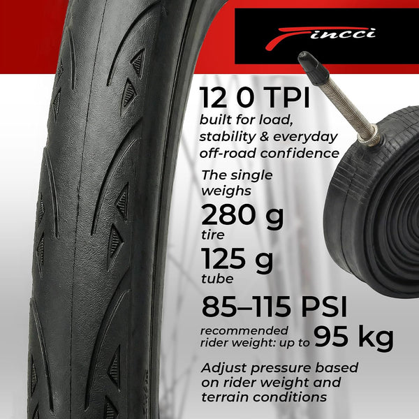 Fincci Road Bike 25-622 700x25c Tire with 700c Bike Tube Presta Valve - Foldable Kevlar 700c Bike Tire with 1 mm Nylon Puncture Resistant, 120 TPI - Accessories for Folding, Carbon, Racing, City Bikes