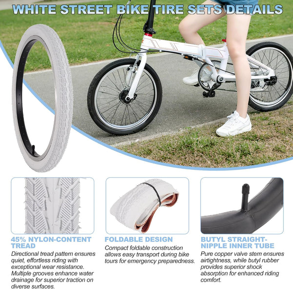 2Sets 20x1.75 White Bike Tires and Tubes, 20 Inch Bike Tire Puncture Resistant Folding Street Bike Tire Sets 47-406 Compatible with Road Street Bicycle E-Bike Wheelchair Low Resistance