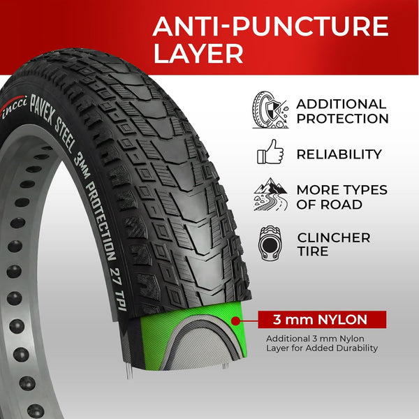 Fincci Pavex Pair 20x4.0 Fat Bike Tires with 3mm Anti-Puncture Protection Pair 100-406 ETRTO 27 TPI Foldable Steel Bead Urban Street Riding & City Commuting Fat E-Bike