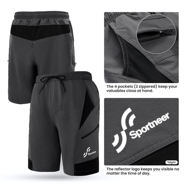 Sportneer Bike Shorts for Men: 3D Padded Lightweight Riding Biking Cycling Mountain Bike Shorts for Men with Zipper Pockets