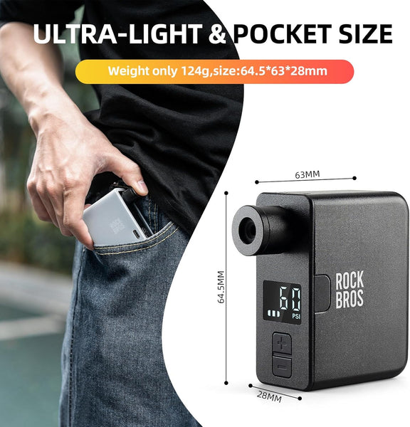 ROCKBROS LED Screen Electric Mini Bike Pump PRO, Max 120 PSI with Gauge, Auto Stop Bicycle Pump Tire Inflator Air Pump for E-Bike, MTB, and Road Bike