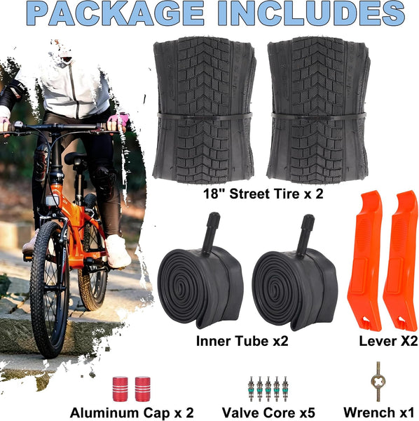 2 Sets 18x2.125 Bike Tire and Tube, 18 Inch Kids Bike Tire Straight Stem with Tyre Repair Kit Compatible with BMX Bike Joystar Balance Bike Road Bicycle Folding Bike