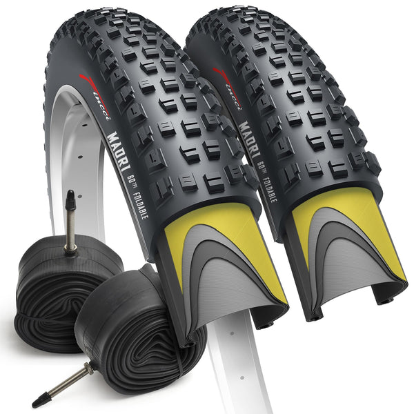 Fincci Set Foldable Kevlar 29x2.25 Mountain Bike Tire with Inner Tubes Schrader-Presta - 29 inch Bike Tire Maori 60 TPI with 1 mm Nylon Puncture Resistant for Electric, Enduro, MTB, XC Bicycle