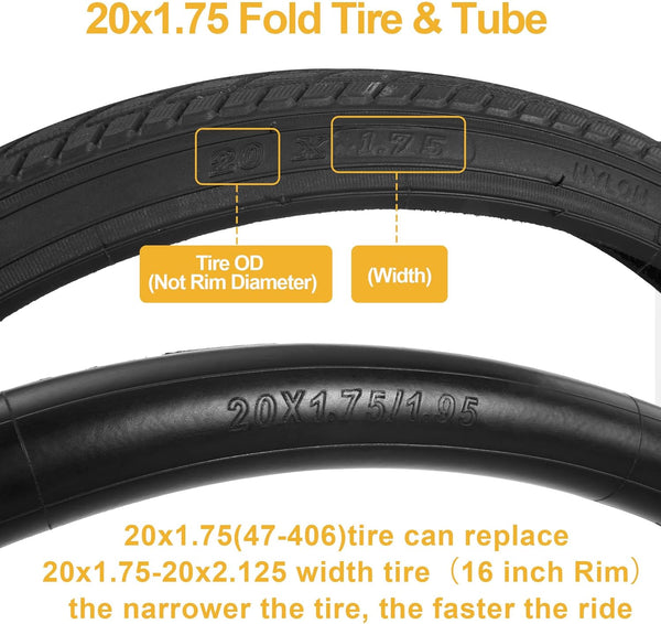 2Sets 20x1.75 Street Tires and Tubes, Puncture Resistant Folding Bike Tire Sets 47-406 Compatible with Road Bike Street Bicycle E-Bike Wheelchair Low Resistance All Black Sidewall