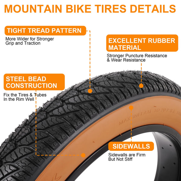 2-Pack 20x4.0 Fat Bike Tire, 20 Inch Mountain Bike Tires & Tubes Set, Folding Replacement Bicycle Tires with Tire Levers for Off-Road Bike, Ebike