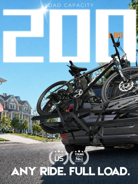 Bike Rack for Car Hitch Mount - Young Electric 2 Ebike Rack Heavy Duty Platform Carrier 200lb Capacity, Smart Tilting & One Hand Folding Bicycle Racks for SUV, Minivan, RV, Fits 5-Inch Fat Tires