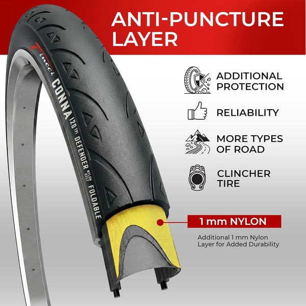 Fincci Road Bike 25-622 700x25c Tire with 700c Bike Tube Presta Valve - Foldable Kevlar 700c Bike Tire with 1 mm Nylon Puncture Resistant, 120 TPI - Accessories for Folding, Carbon, Racing, City Bikes