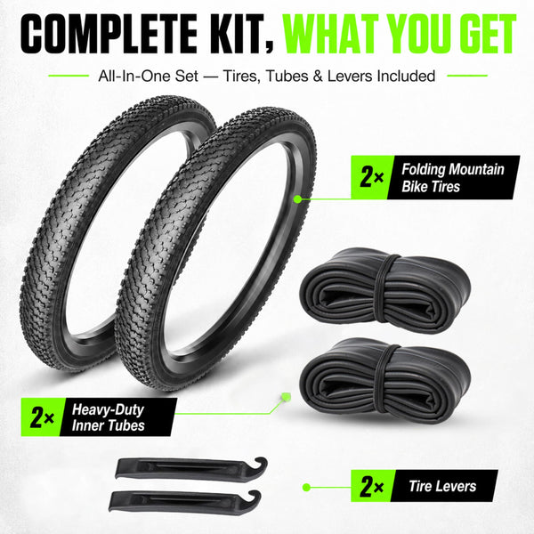 2 Pack Mountain Bike Tires, 24/26x1.95/2.125inch Folding Replacement Mountain Bicycle Tires and Tubes with 2 Inner Tubes & Levers, Puncture-Resistant & Wear-Resistant Bicycle Tires