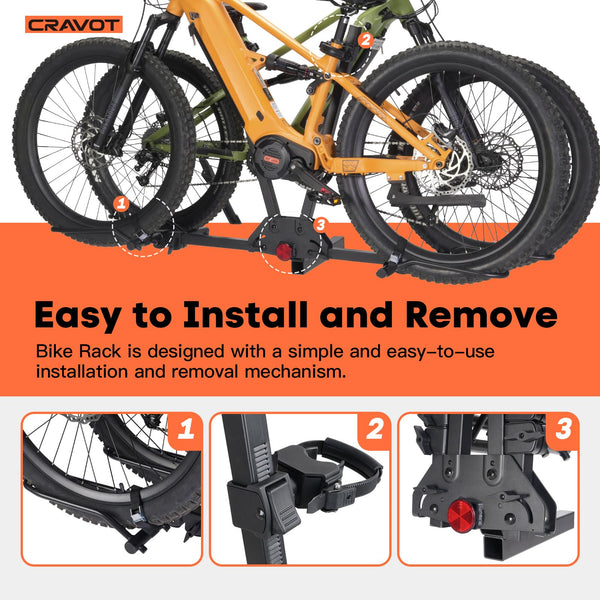 CRAVOT Ebike Racks for 2 Bikes Tow Hitch, Tire Clamp Rack Bike Carrier, Heavy-Duty Haul Ebike Rack with 2 Tray Arms Lock, 200lbs Capacity Fits Fat Tire Bicycle, for Car, SUV with 2" Receiver