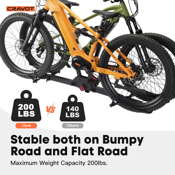 CRAVOT Ebike Racks for 2 Bikes Tow Hitch, Tire Clamp Rack Bike Carrier, Heavy-Duty Haul Ebike Rack with 2 Tray Arms Lock, 200lbs Capacity Fits Fat Tire Bicycle, for Car, SUV with 2" Receiver