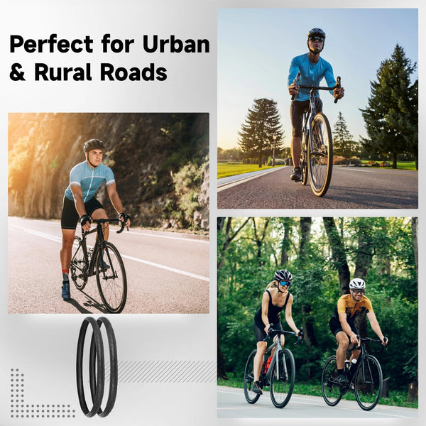 yeesport 700 x 25c Road Bike Tires, 2 Pack Folding 700x25c Tires & 700 x 25c-28c Bike Tubes Presta Valve 48mm Tire Replacement with Rim Strips for Urban Rural Asphalt Concrete Hard Roads