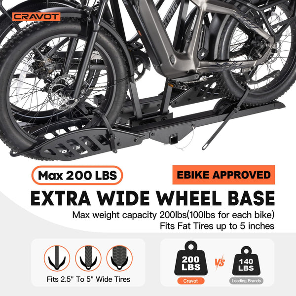CRAVOT CyberRack E2 Hitch 2 EBike Rack with Ramp, 200 lbs Capacity Electric Bike Carrier Foldable Platform Mount, Up to 5-inch Fat Tire Bicycle for 2'' Receiver Cars Trucks SUVs Minivans RV, Trailer