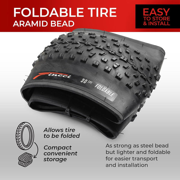 Fincci Pair 26x4.0 Fat Bike Tires - Foldable 26 inch Bike Tires with Nylon Antipuncture 3 mm 100-559, Fat Tire with Durable Tread Design for Mountain, Hybrid, Dirt, Street Tires for Ebike, 30 TPI
