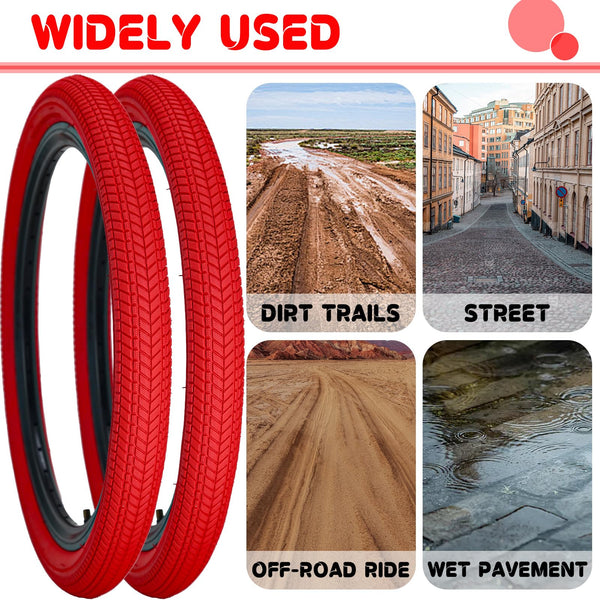 2 Pack Color Bike Tire, 20 x 2.125 Inch Folding Bicycle Replacement Tire Red Color Tire for Children Bikes
