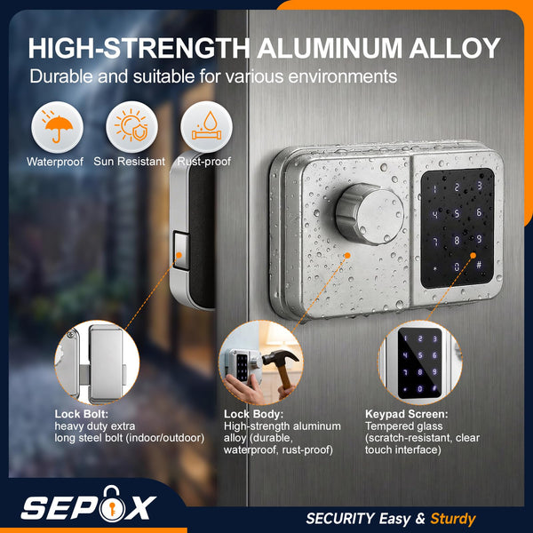 SEPOX Bluetooth Smart Gate Lock, Outdoor Gate Lock for Fence & Garage, Electronic Keyless IC Card, Passcode & Mechanical Key, Waterproof Rim Lock for Outdoor Garden Yard (Grey Single Unit)