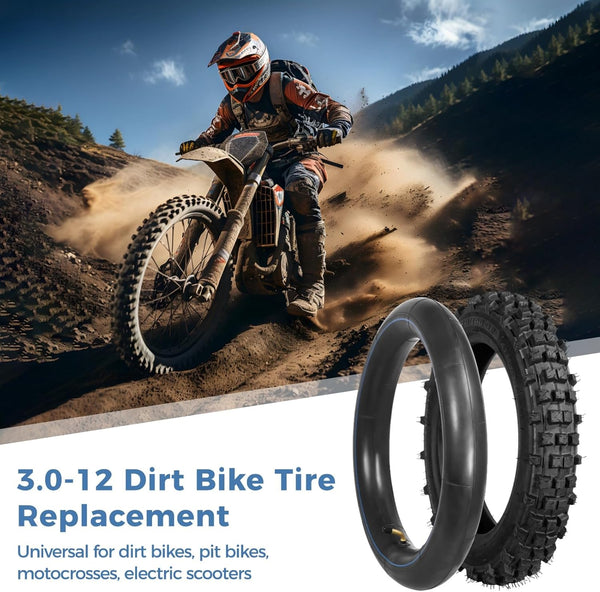 80/100-12 Dirt Bike Tires Set, 3.0-12 Tire and 80/100-12 Dirt Bike Tube with Bent Valve, Tire Replacement 12 Inch Rear for Pit Bike Motocross E-Scooter Off Road Motorcycle