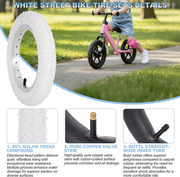 2Sets 12.5x2.25 white Bike Tires and Inner Tubes, 12 1/2x2 1/4 BMX Tire Sets (54-203) Compatible with Jetson Kids Bike Caster Trike Bob Stroller and Other 12 Inch Baby Cart Bicycle Tire and Tube
